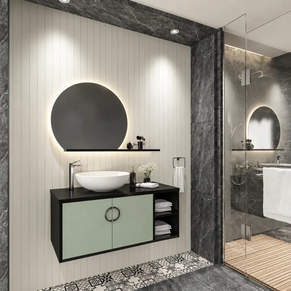 Omega 100 cm Acrylic Bathroom Furniture with Basin and Round LED Mirror