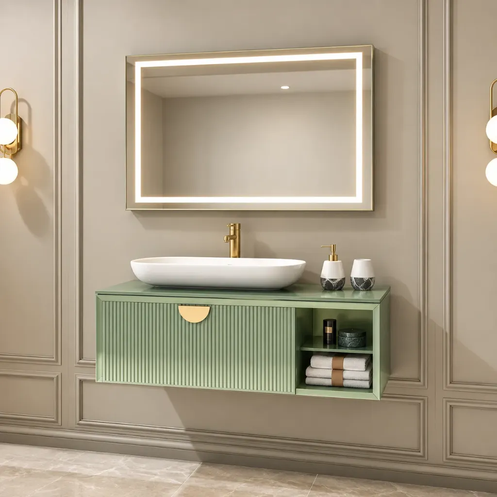 Mira/B 120 cm Green Wall-Mounted Bathroom Furniture with Nova 70 Washbasin and LED Mirror