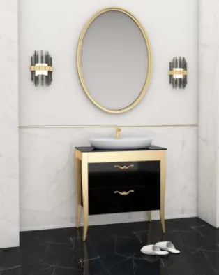 Ensemble de meubles de salle de bain Gold/A 80 cm noir et ton or avec lavabo LAL 60 et miroir encadré