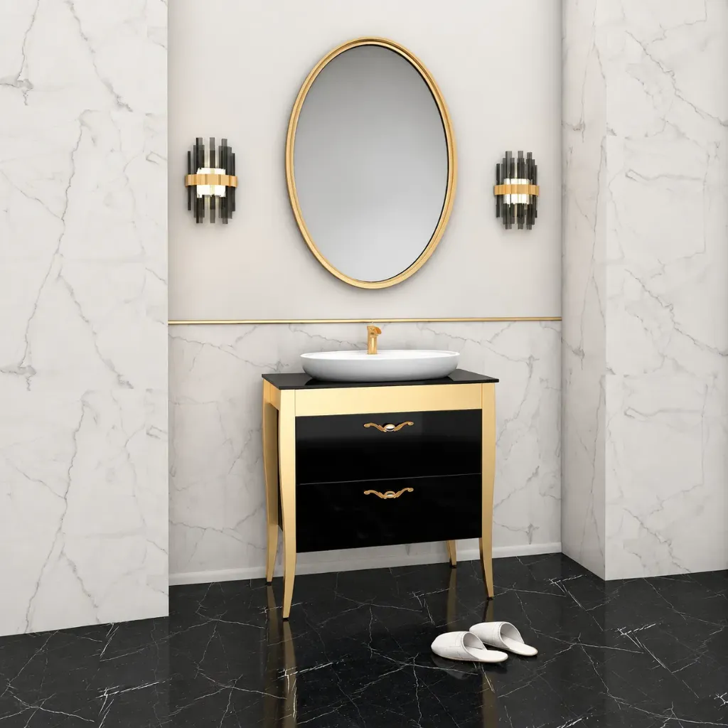 Gold/A 80 cm Black and Gold-Tone Bathroom Furniture Set with LAL 60 Washbasin and Framed Mirror