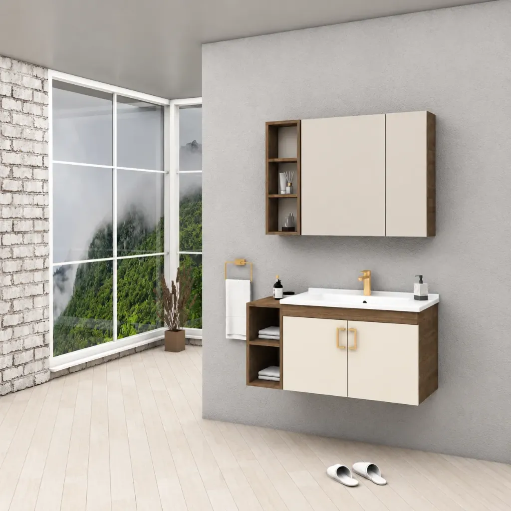 VEGA/A 100 cm Bathroom Vanity Furniture with Ceramic Sink, Doors and Mirror Cabinet