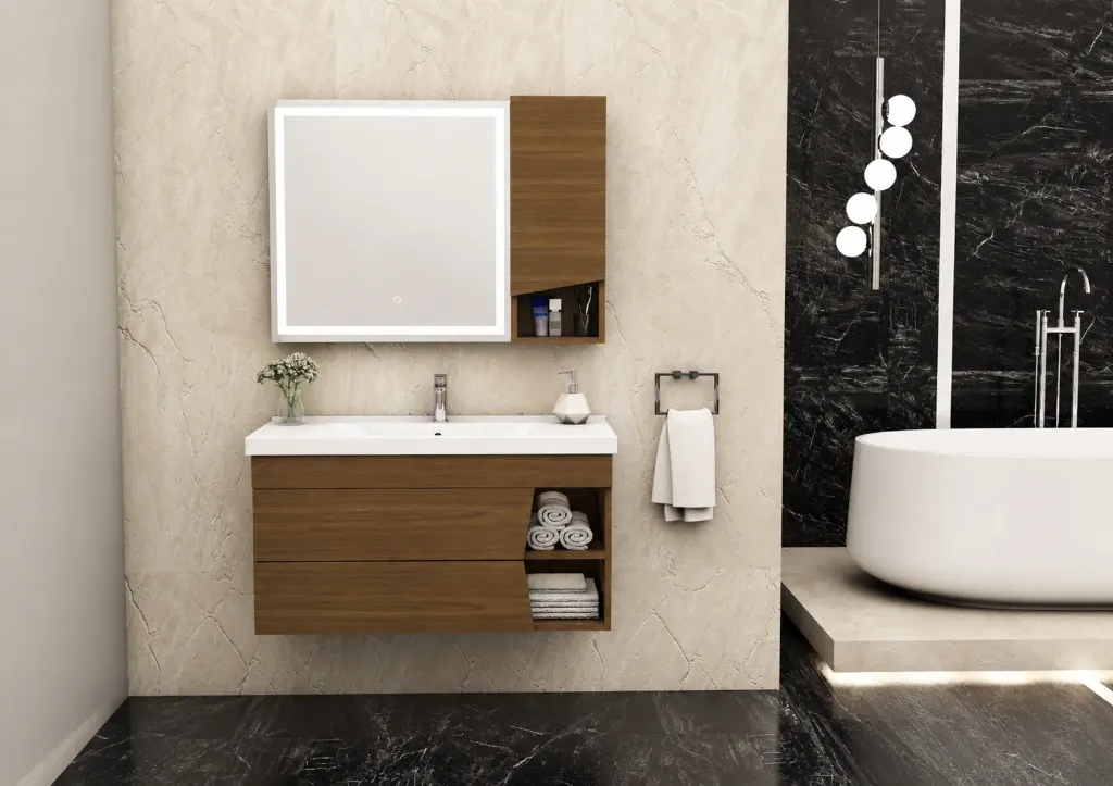Defne 100 cm Wood-Look Bathroom Furniture with Ceramic Sink and LED Mirror