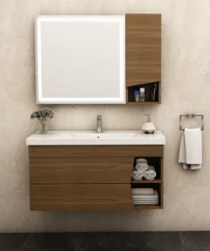 Mobilier de salle de bain Defne 100 cm aspect bois avec lavabo en céramique et miroir LED