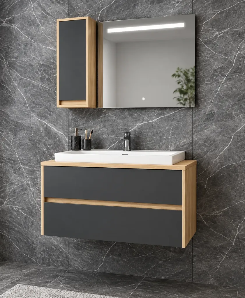 Ensemble de meubles de salle de bain Molin 100 cm en MDF avec lavabo Sempre et miroir LED