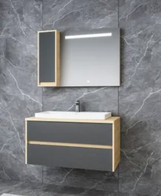 Ensemble de meubles de salle de bain Molin 100 cm en MDF avec lavabo Sempre et miroir LED