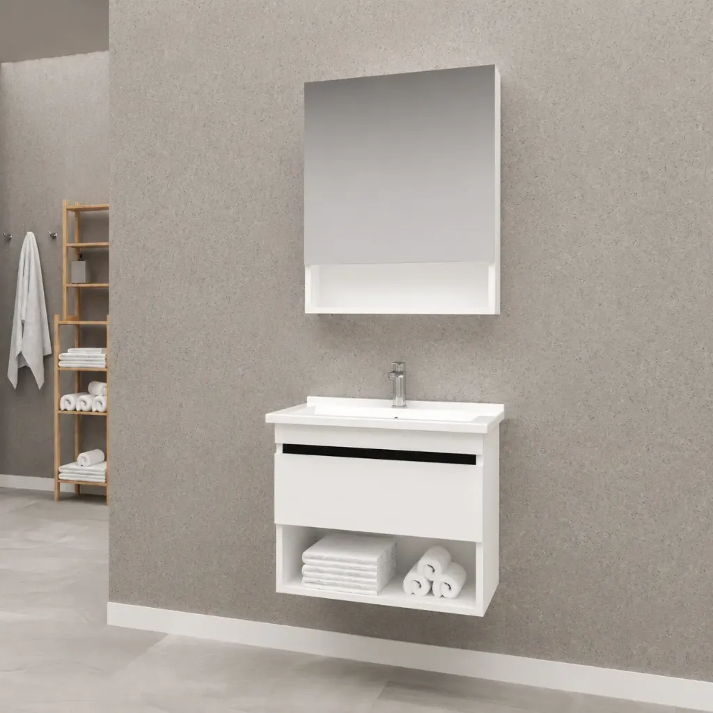 ASOS White Bathroom Vanity Cabinet Set with Ceramic Sink and Mirror (60 cm)