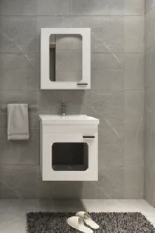 AURA White Wall-Mounted Bathroom Vanity Unit with Ceramic Sink, Mirror Cabinet and Glass Centre Panel (50 cm)