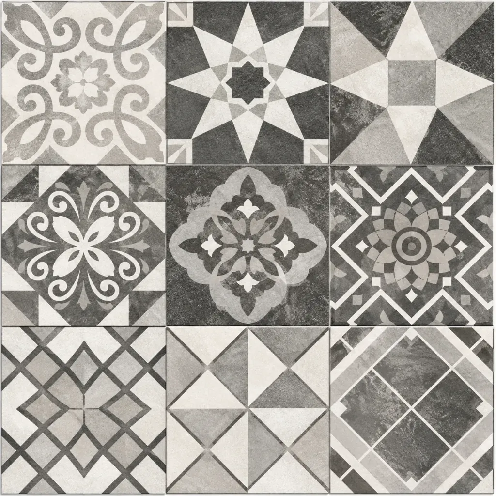 Carreau de sol en céramique Burgaz à motif géométrique gris et blanc (Anthracite)