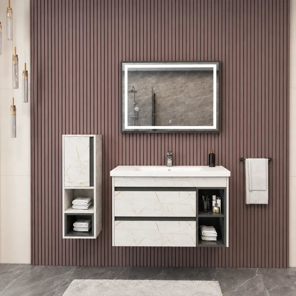 Derin White Marble-Effect Drawer Bathroom Furniture Set with LED Mirror (80 cm, No)