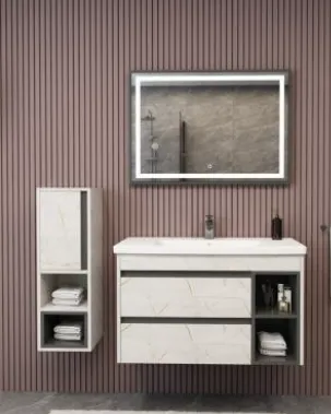 Ensemble de meubles de salle de bain Derin effet marbre blanc avec miroir LED (80 cm, Non)