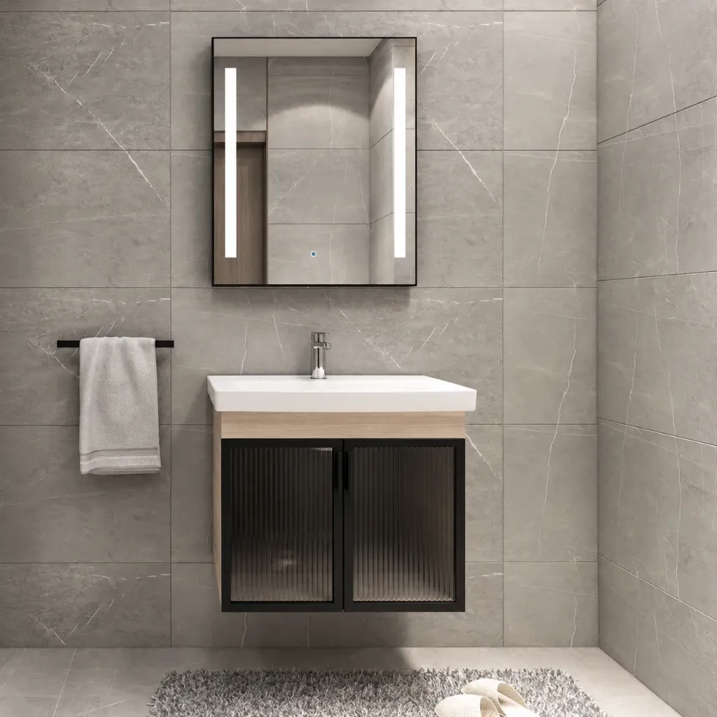 Holly Wall-Mounted Bathroom Furniture with Ceramic Sink and LED Mirror (60 cm)