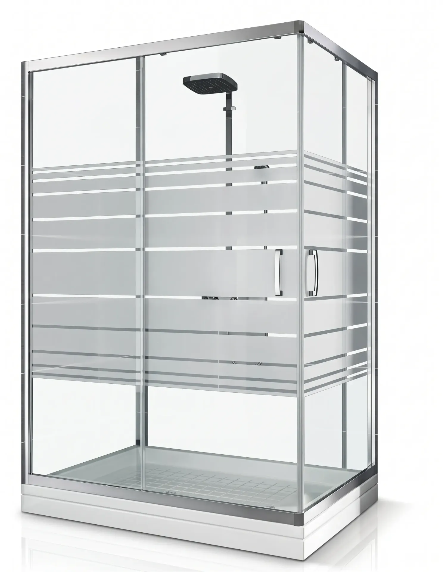 Cabine de Douche d'Angle Kayra Aspect Argenté avec Cadre et Panneaux à Bandes Horizontales Givrées (110, 190 cm, Noir)