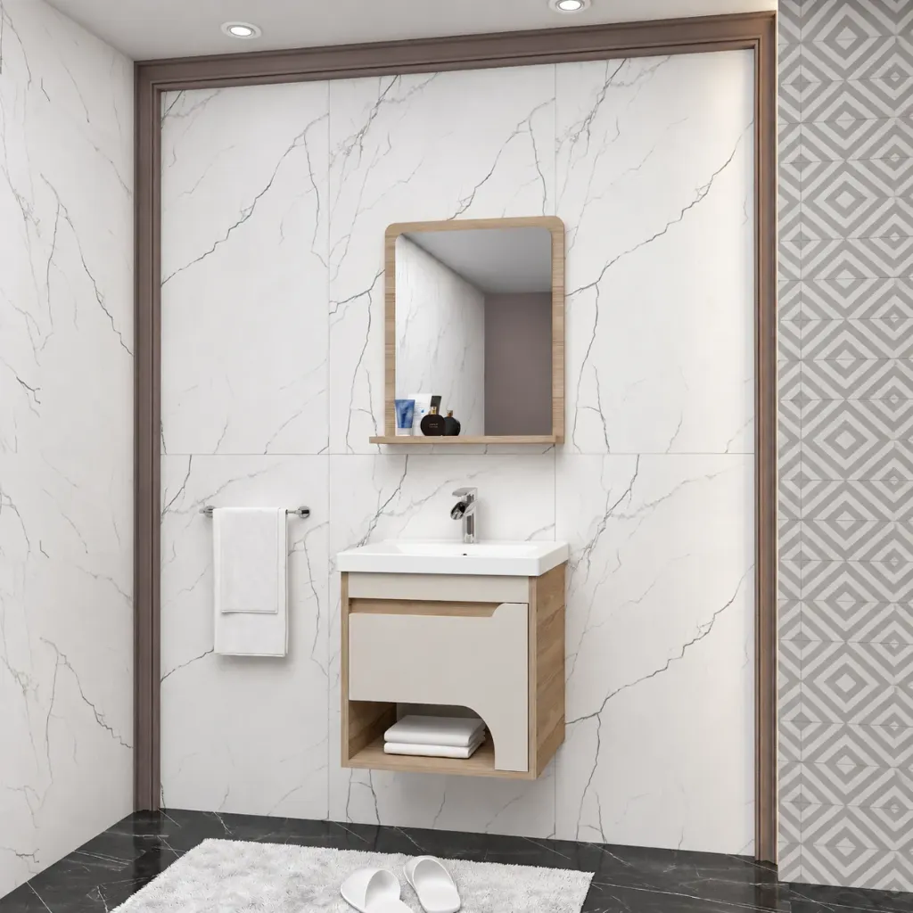 Oval Bathroom Furniture Set with Ceramic Sink and Mirror Shelf (50 cm)