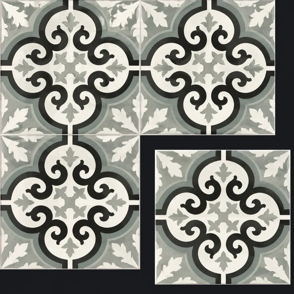Pastel Patterned Green and Cream Ceramic Floor Tile (Black)