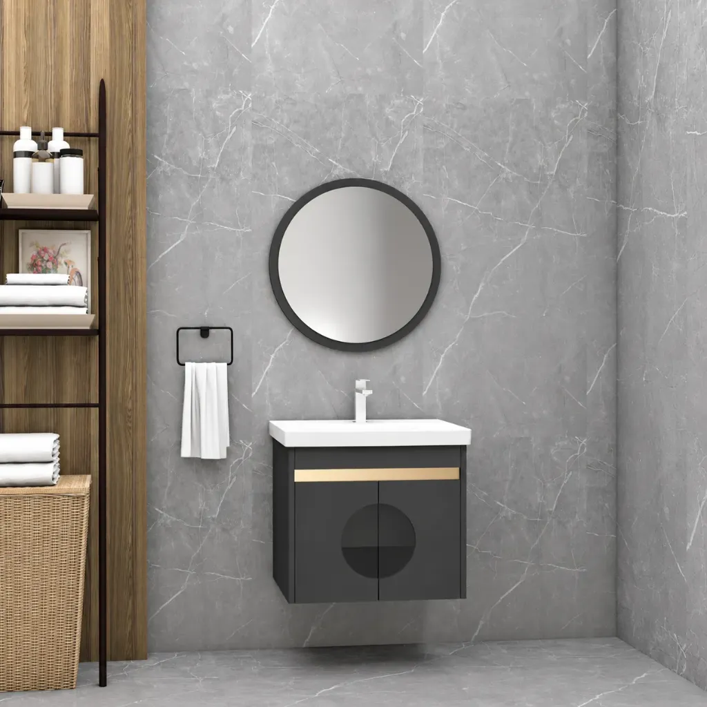 Turna/A Dark Wall-Mounted Bathroom Furniture Set with Ceramic Sink and Framed Mirror (60 cm)