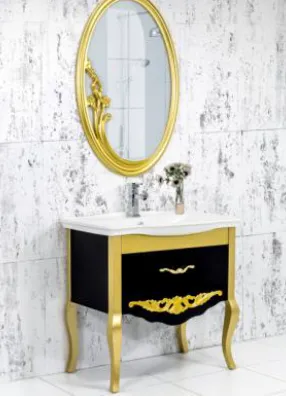 Mobilier de salle de bain ZÜMRA noir et or avec lavabo en céramique et miroir encadré (60 cm)