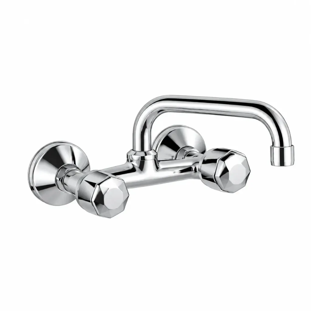 Chrome-Plated Brass Wall-Mounted Dual-Handle Faucet with Curved Spout