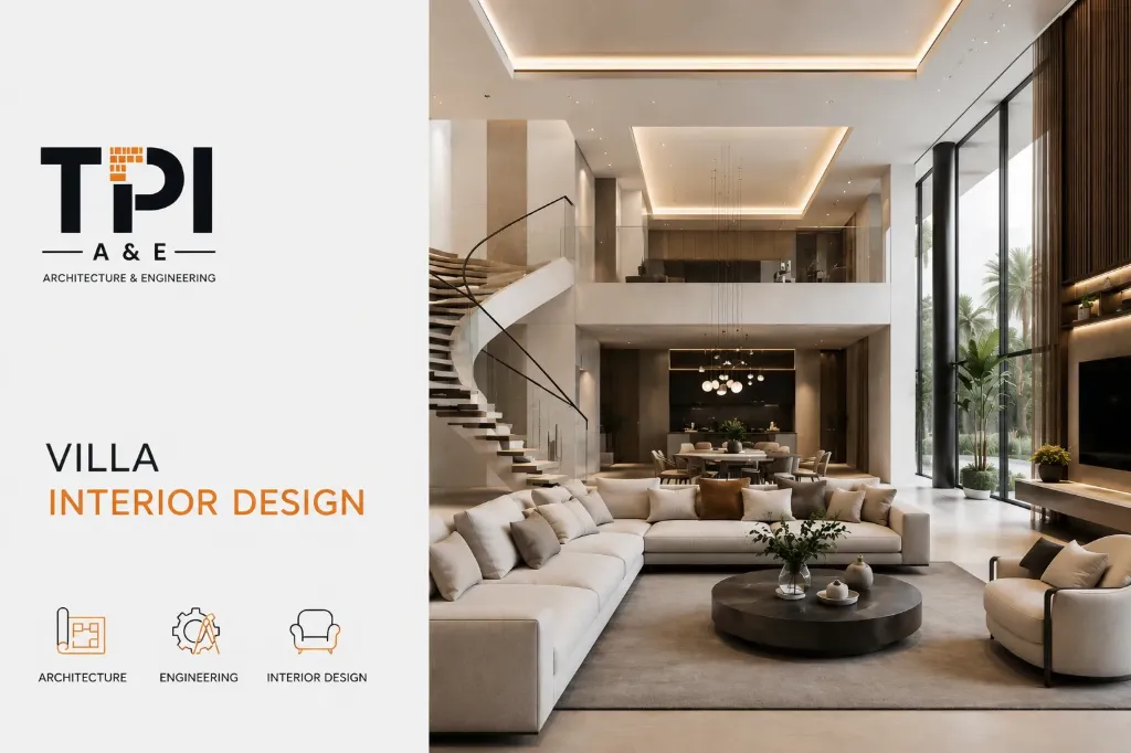 Villa interior design architectural plans, 3D rendered images, rendered walkthrough video, and material selection.