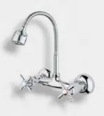 [1040] Chrome-Look Wall-Mounted Gooseneck Faucet with Dual Cross Handles