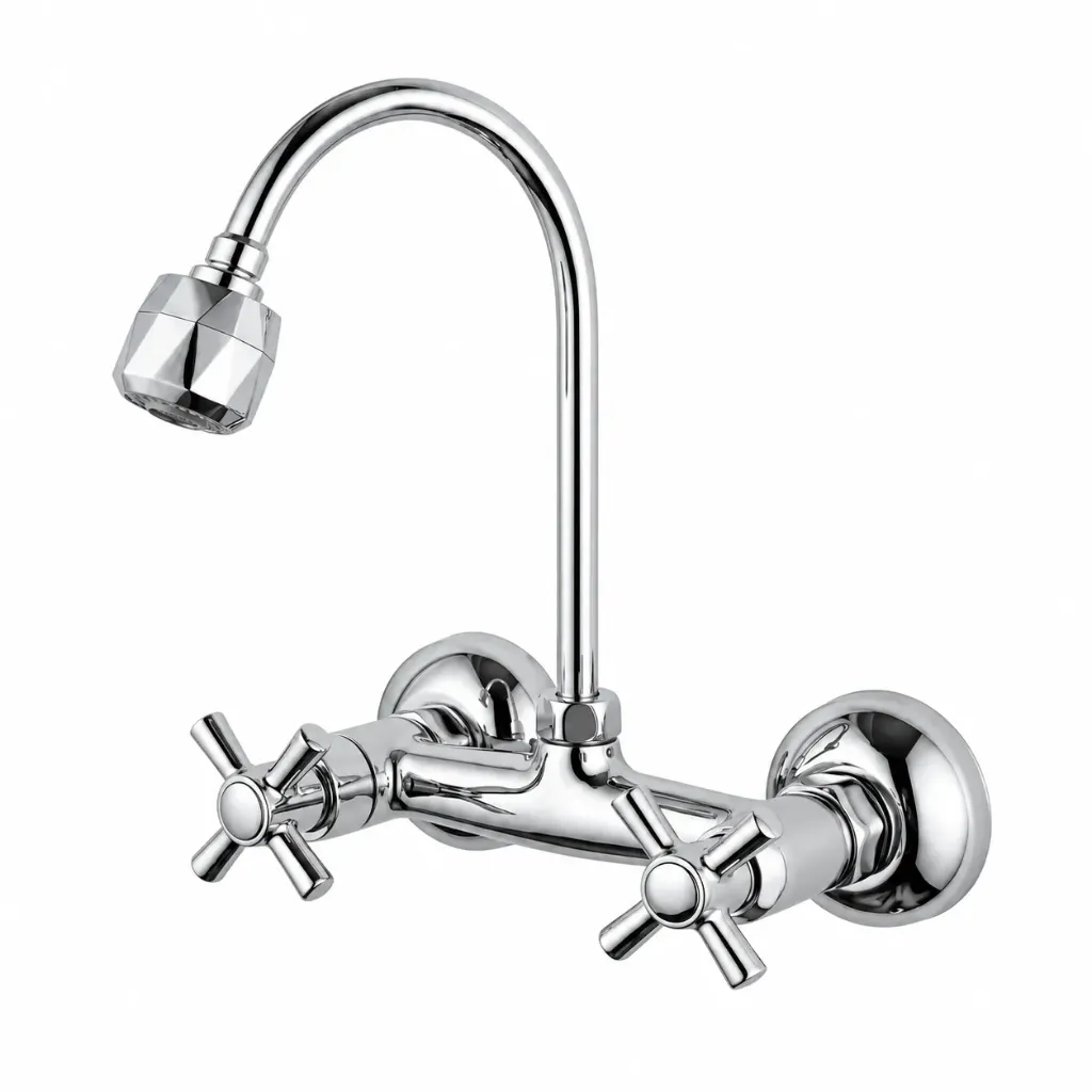 [1040] Chrome-Look Wall-Mounted Gooseneck Faucet with Dual Cross Handles
