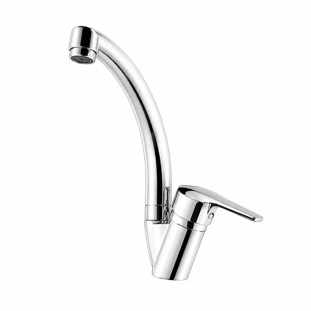 Polished Silver-Look Curved Spout Single-Handle Faucet