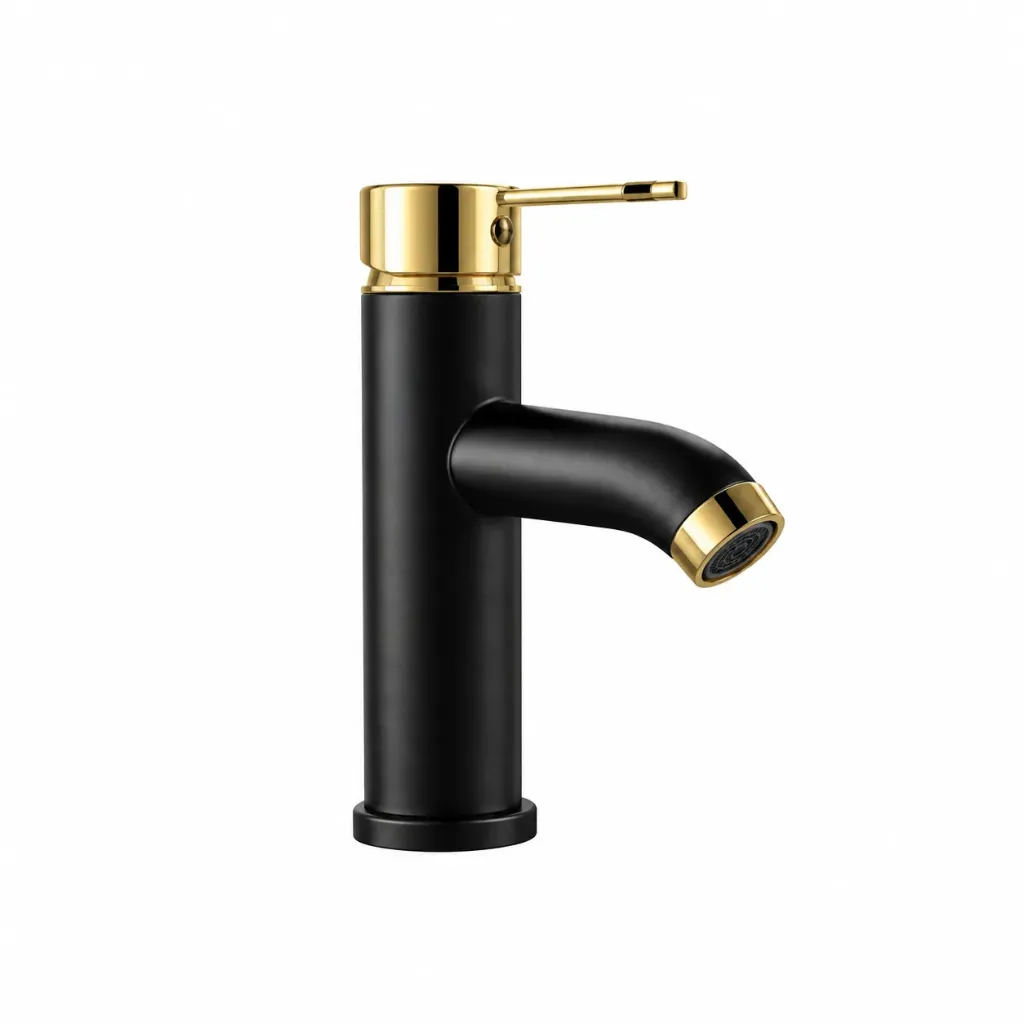 Robinet cylindrique monocommande noir et or avec bec court
