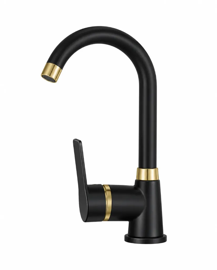 Black and Gold High-Arc Gooseneck Faucet with Single Lever Handle