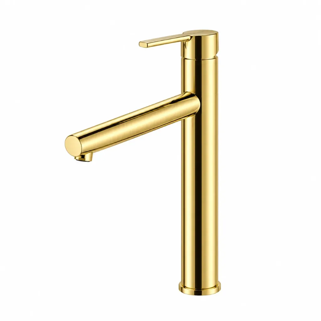Gold-Tone Tall Cylindrical Faucet with Single Lever and Straight Spout