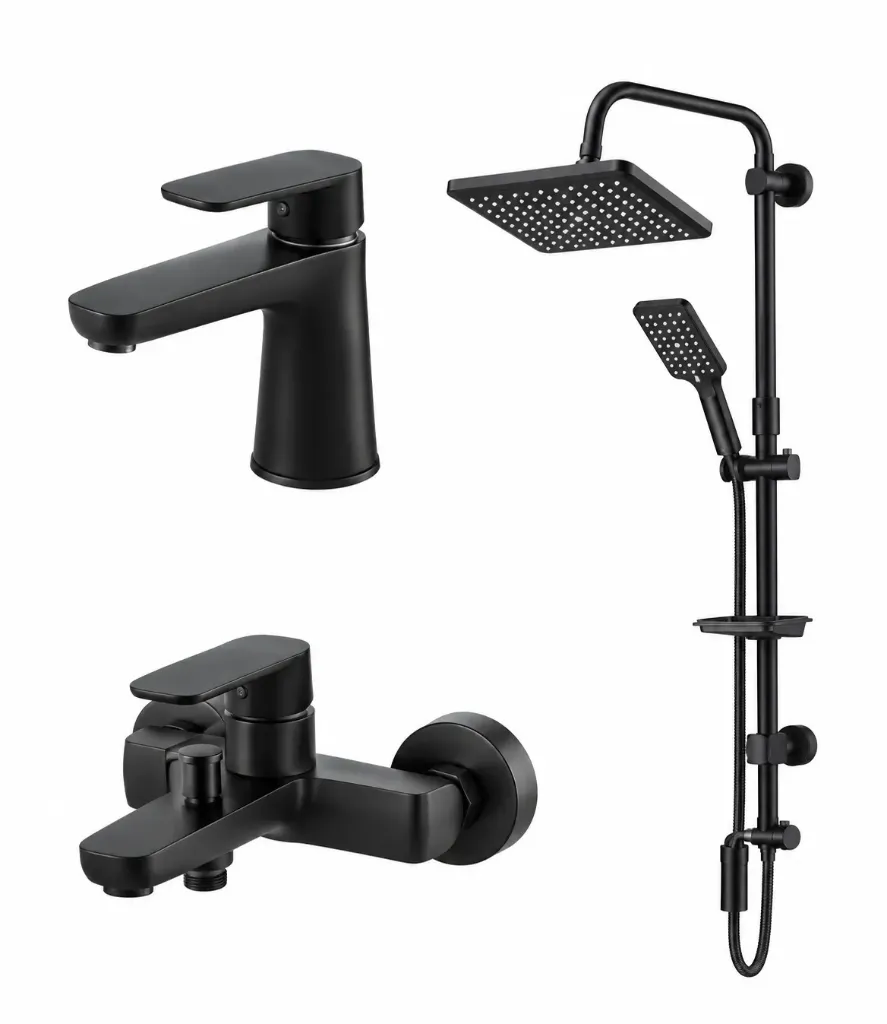 [1126] Black Faucet and Shower Set with Single-Lever Mixers and Square Shower Head