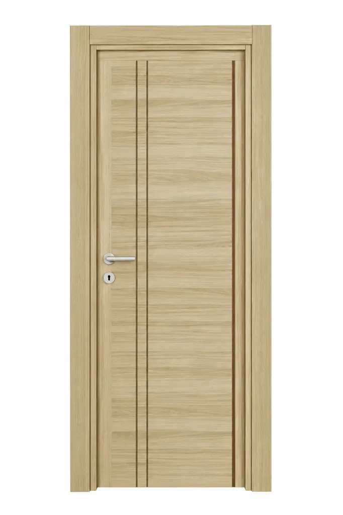 [MODEL F-04 (MICROLAMINATE PREMIUM LINE)] Porte intérieure microlaminée effet bois clair F-04 Koru avec détail de ligne verticale (10 cm)