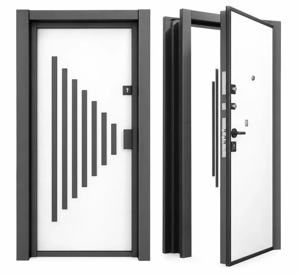 White Exterior Steel Security Door with MDF Panels and Pull Handle, 106 x 209 cm Outer