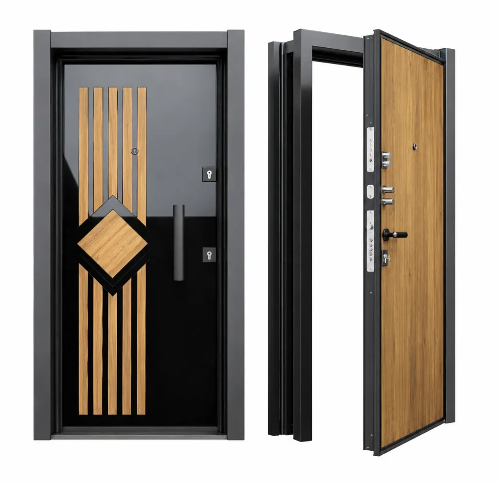 Porte de sécurité extérieure en acier BRG-1603 gris et noir avec panneaux effet bois