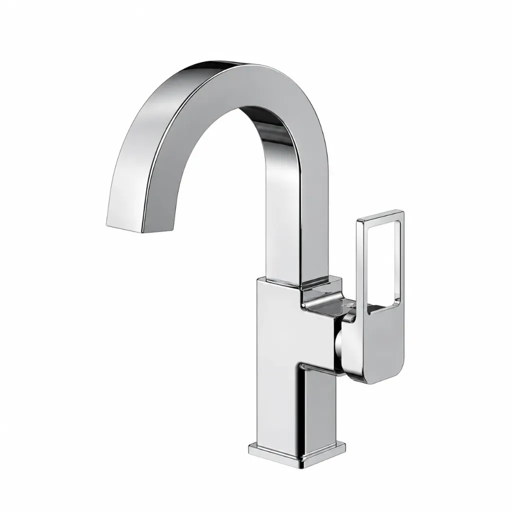 Polished Silver Quadro Monoblock High-Arc Wash Basin Faucet with Rectangular Lever