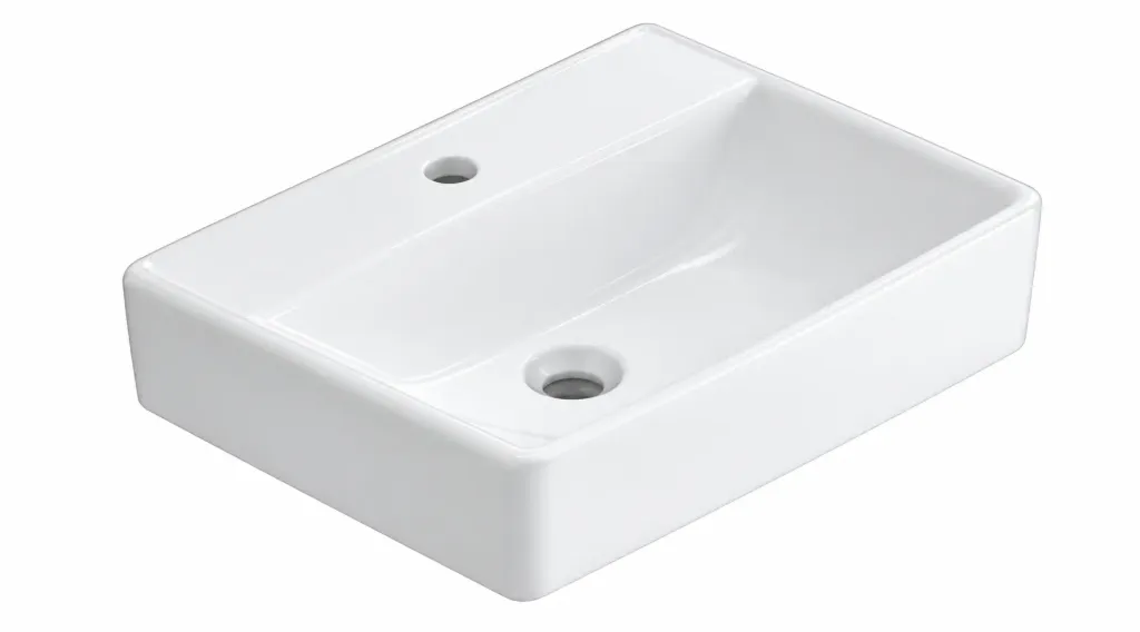 Lavabo rectangulaire blanc pour plan de travail avec un trou de robinet unique