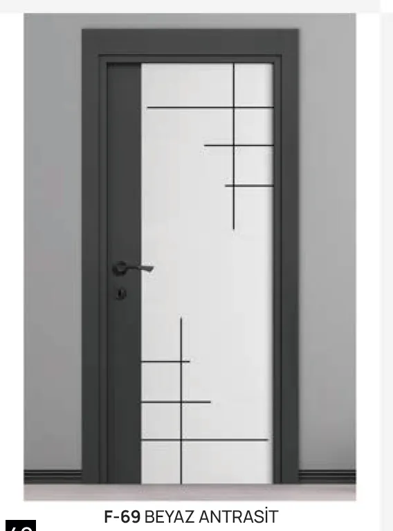 Modèle F-69 Porte microlaminée blanche et anthracite avec détail de ligne géométrique (10 cm)