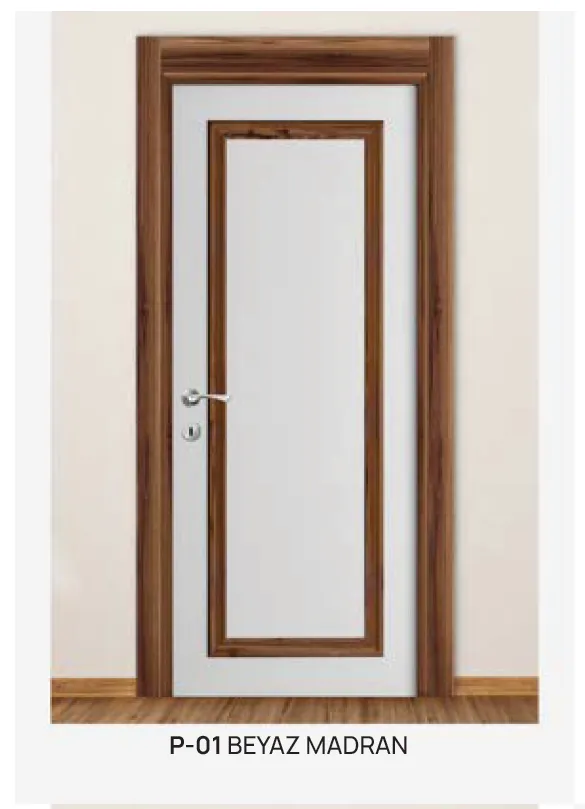 [MODEL P-01 (MICROLAMINATE WITH STICK)] P-01 White Madran Microlaminate Interior Door with Wood-Look Trim (10cm)