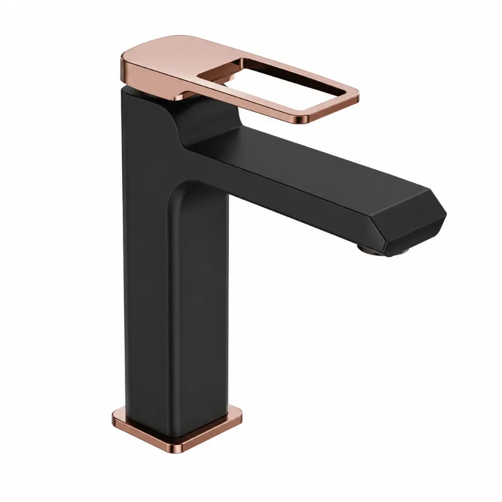 [MLB190-S-R] Quadro Black and Rose Gold Rectangular Spout Wash Basin Faucet with Open Lever Handle