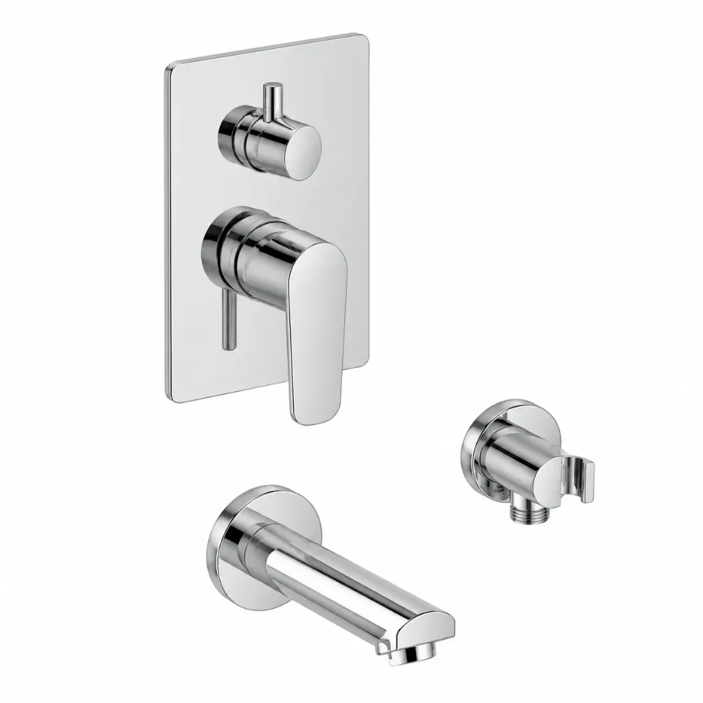 Robinet de salle de bain encastré Aduro aspect chrome avec diverteur 3 voies et sortie de douche