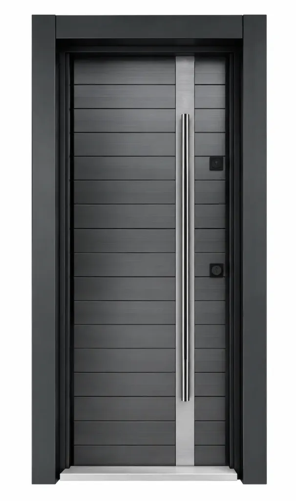 Porte extérieure en acier gris foncé à panneaux horizontaux avec poignée verticale