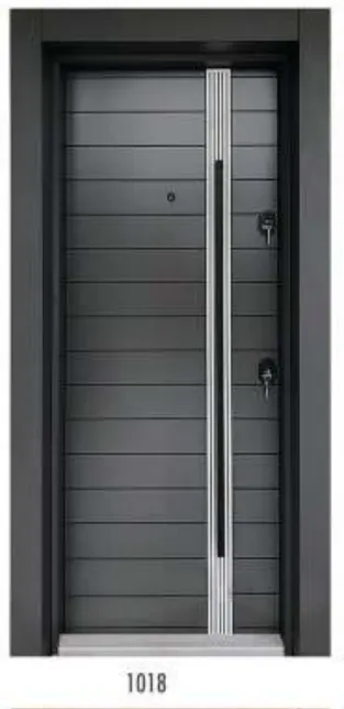 [1018] Porte extérieure en acier gris foncé à panneaux horizontaux avec poignée verticale
