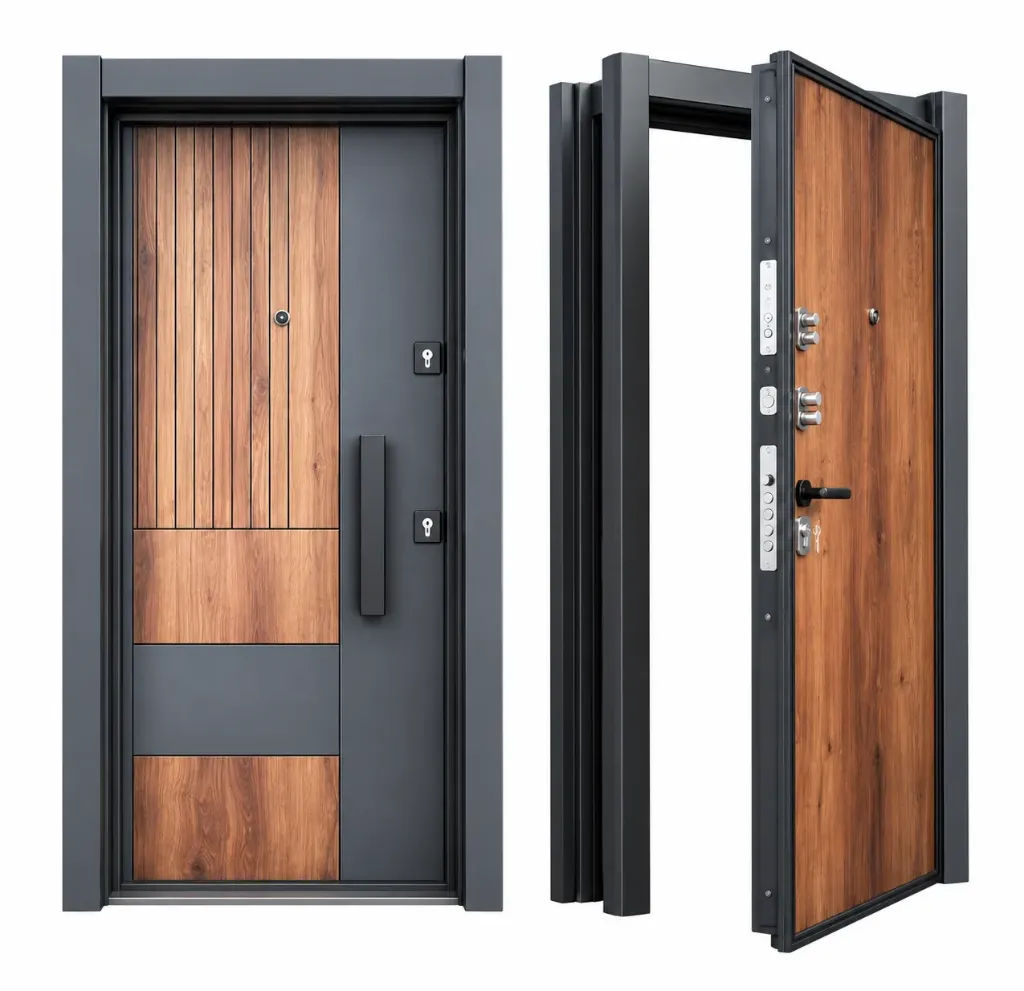 BRG-1701 Laminox Exterior Door with Grey Frame and Wood-Effect Panels