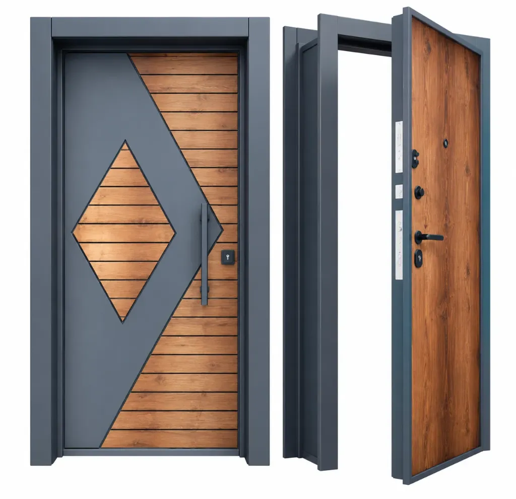 Porte extérieure géométrique gris et aspect bois série Laminoc BRG-1704