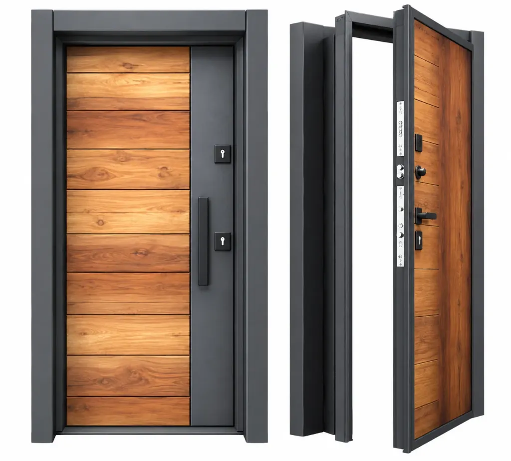 Porte extérieure gris aspect bois Laminox Série BRG-1709 avec panneaux horizontaux (droite)