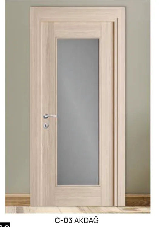 Porte vitrifiée C-03 aspect bois clair avec panneau central en verre (10 cm)
