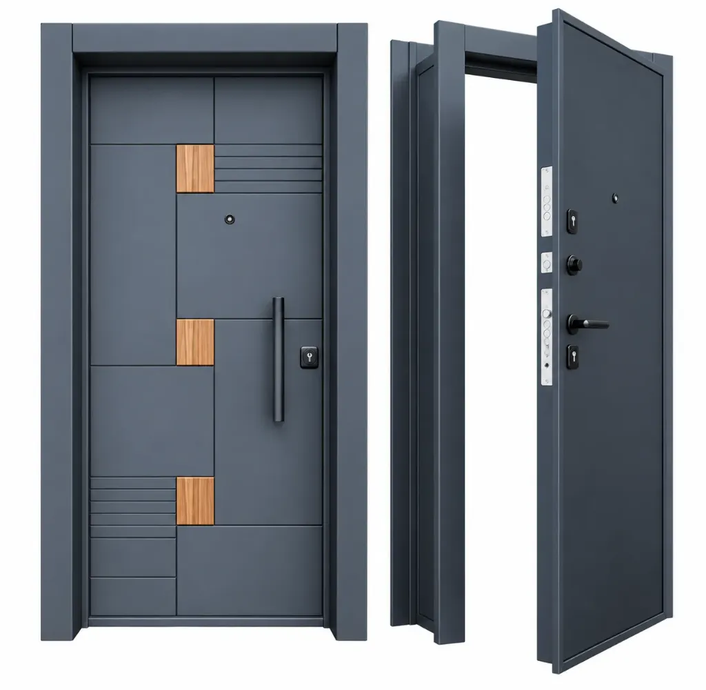 Porte extérieure gris foncé BRG-1714 série Laminox avec accents aspect bois