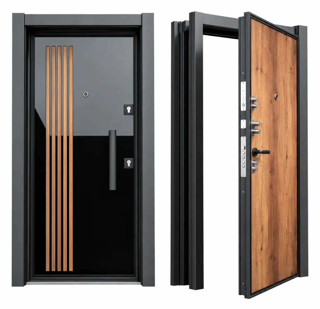 BRG-1604 Grey and Black Exterior Steel Security Door with Wood-Look Panel