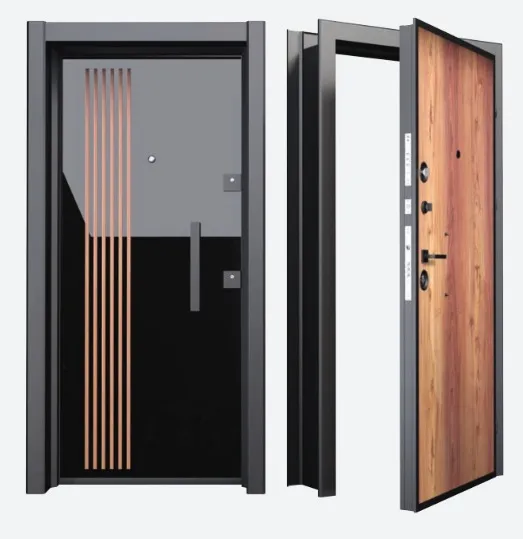 BRG-1604 Grey and Black Exterior Steel Security Door with Wood-Look Panel