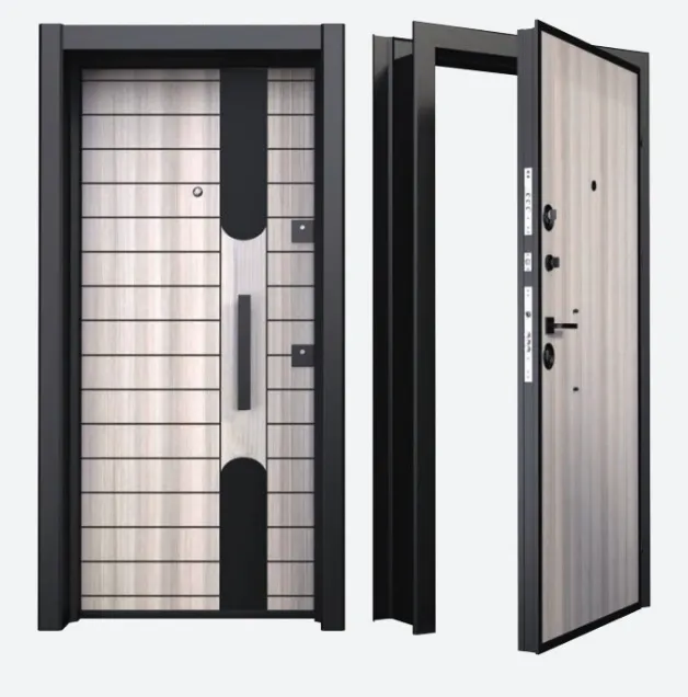 Porte extérieure BRG-1717 Laminox avec panneau aspect bois clair et encadrement noir