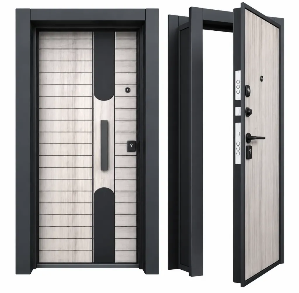 Porte extérieure BRG-1717 Laminox avec panneau aspect bois clair et encadrement noir