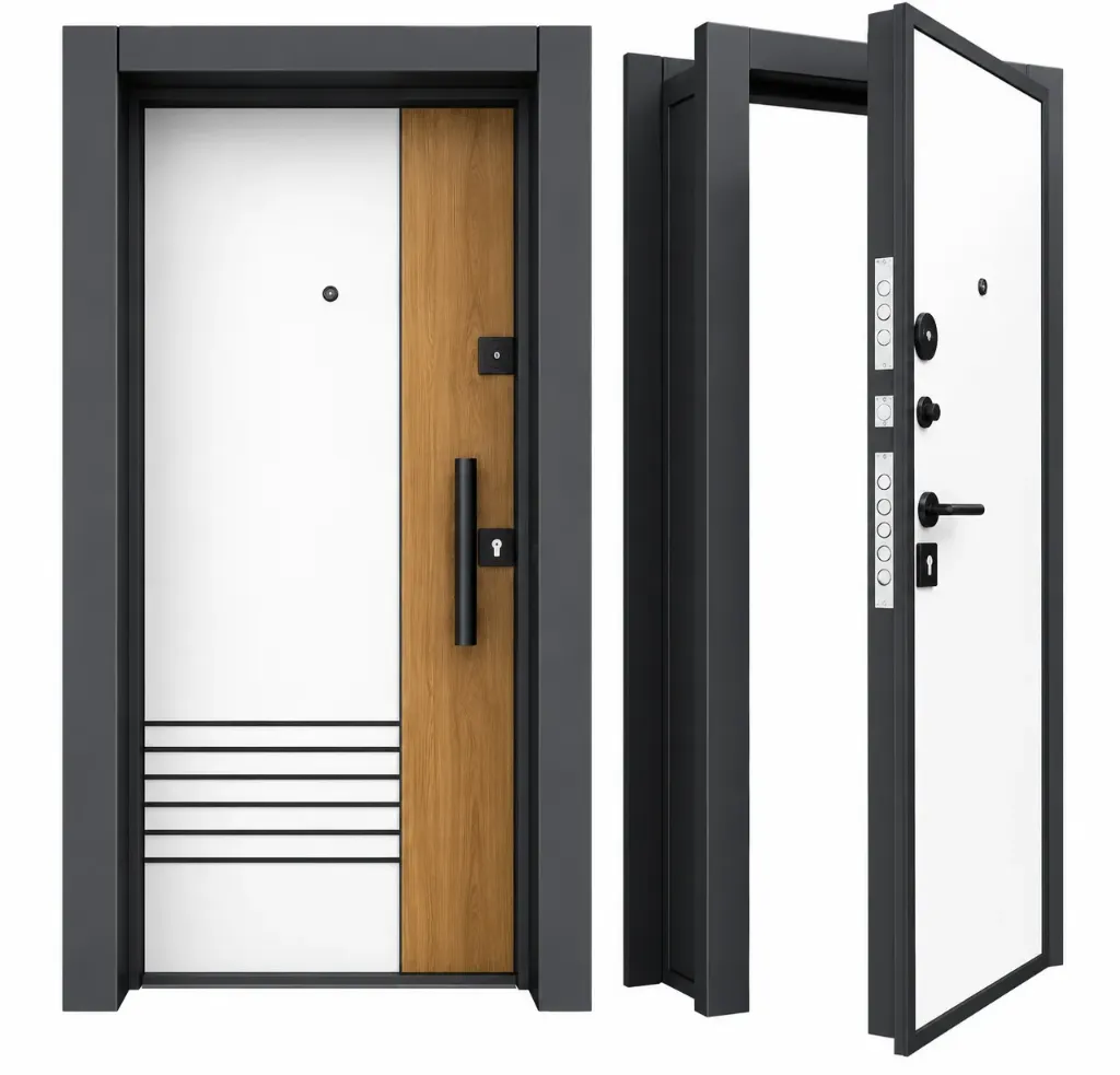 Porte extérieure BRG-1718 Laminox avec panneau blanc et accent effet bois (droite)